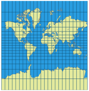 A Mercator proejction map shows countries according to their latitude and longitude position