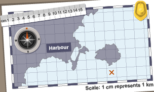 Map of an island and a harbour. Scale represents 1cm:1km