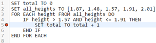 Seven lines of coding, with the fifth line highlighted, with a red dot representing a breakpoint at the side.