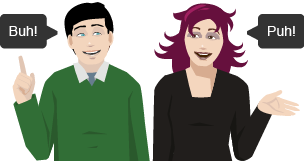 Male and female characters with speech bubbles saying 'Buh!' and another saying 'Puh!'