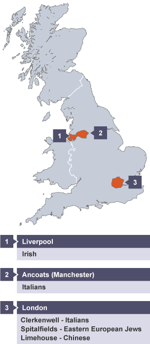 A map showing where different immigrant communities were created in the Industrial period in England