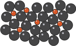 Atoms of two different sizes packed together to form an irregular arrangement.