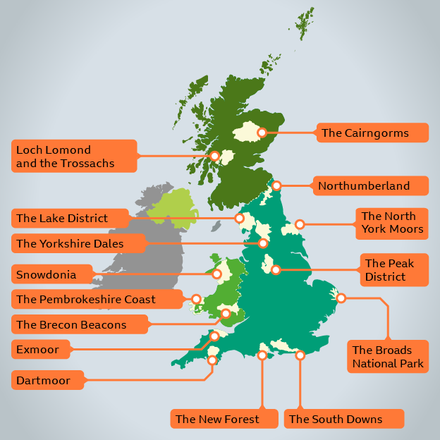 A map of the UK showing the locations of its National Parks