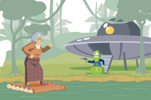 Old lady in a raft on the Amazon river bravely facing an alien from out of space standing outside a space-ship