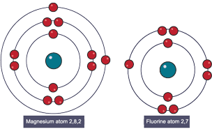 A magnesium atom (2,8,2) and a fluorine atom (2,7). 