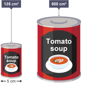 Two soup cans, one has a volume of 125 cm cubed and a diameter of 5 cm, the other has a volume of 500 cm cubed but the diameter is unknown