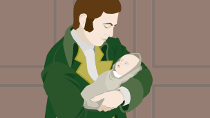 Robert Burns holds his newborn baby daughter in his arms