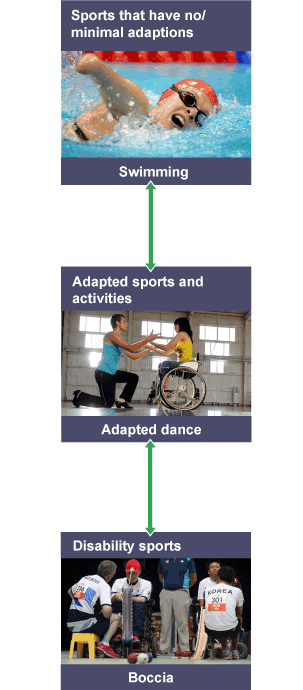 How sports are adapted (or not) for disabled participants. There are disability sports (boccia), adapted sports and activities (adapted dance), and sports with minimal or no adaptations (swimming).