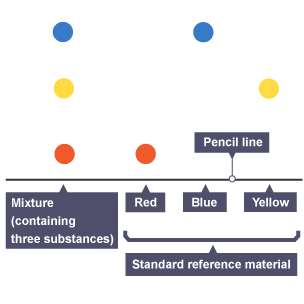 A chromatogram showing that red, blue and yellow are three pure substances as they each have only one pigment. However, the sample on the left is a mixture of all three pigments.