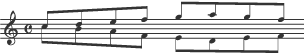 Treble clef, c, four eighth notes (some with two note chords), C, B&D, A&E, F&F. F&G, D&A, E&G, F&E