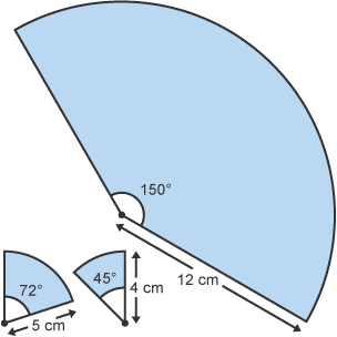 Diagram of three arcs with angles and radius marked 72∞ & 5cm, 45∞ & 4cm and 150∞ & 12cm