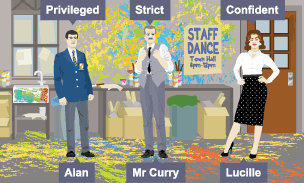 Alan, Mr Curry and Lucille are standing in the Slab Room, there is a poster for the staff dance in the background. Alan is privileged, Mr Curry is strict and Lucille is confident.