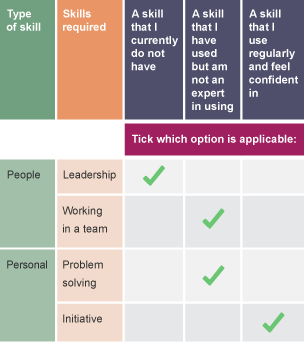Table to identify the types of skills and the skills required. Ticks indicate if it's a skill I currenty do not have; if I've used but not an expert on it; or that I use regularly with confidence.