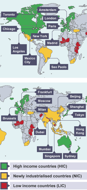 A map showing the world’s global cities.