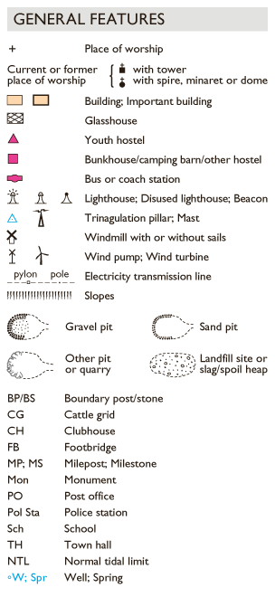 OS maps use standard symbols. For example, a cross represents a place of worship. A youth hostel is a red triangle. A lighthouse has a symbol which resembles a lighthouse.