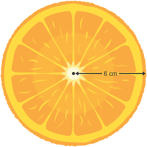 A slice of orange with a radius equal to 6 cm