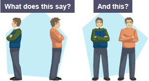 Two illustrations of two people with arms folded: 1) turned away from each other, 2) stood next to each other facing out front