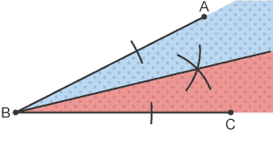 Two lines forming and angle from point B and ending at point A and C with an arc crossing both lines and two arcs from intersection between the points and a line half way between the angled lines