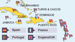 A map showing the UK captured much of the West Indies, while Spain kept Cuba and France got St. Dominique