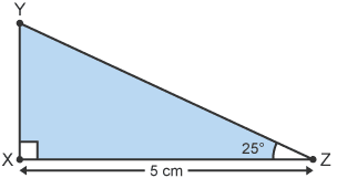 Right-angled triangle XYZ where the angle equals 25 degrees, and the adjacent side XZ equals 5 cm