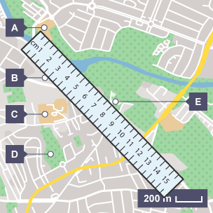 A map of Cardiff with points labelled from A to D with a ruler measuring 8 cm between point A and E with a scale of 2 cm = 200 m