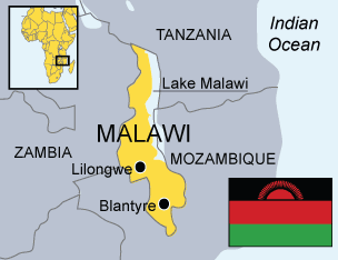 Map of Malawi with Lake Malawi, Lilongwe and Bantyre labelled on it