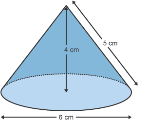 Cone with diameter, 6cm, height, 4cm, and length, 5cm