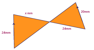 An image of a shape comprising of two isosceles triangles forming a bowtie shape. the left-most side is labelled as 24mm. The top left side is labelled x mm. The bottom right side is labelled 24mm. The right-most side is labelled 20mm.