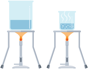 One large beaker and one small beaker filled with water, being heated by bunsen burners. The smaller beaker of water is bubbling and turning into steam.