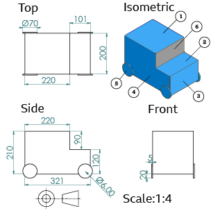 Formal drawing of toy car showing top, side and front plans together with isometric drawing. All measurements shown and labelled isometric