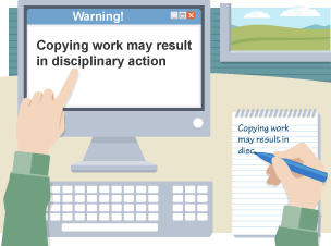 Computer with 'Warning! Copying work may result in disciplinary action' on screen and hand copying the text onto a notepad.