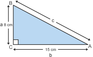 Right angle triangle with sides c, 8 cm (a) and 15 cm (b)