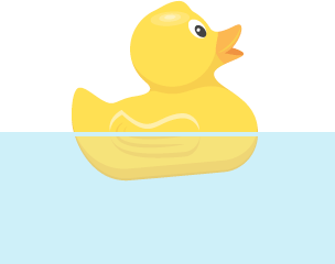 A rubber duck floats in water.