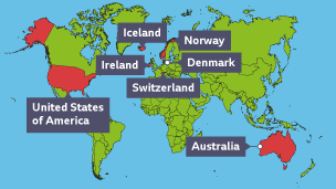 Map showing examples of HICs in the world including Iceland, Ireland, Norway, Denmark, Switzerland, Australia and the USA.