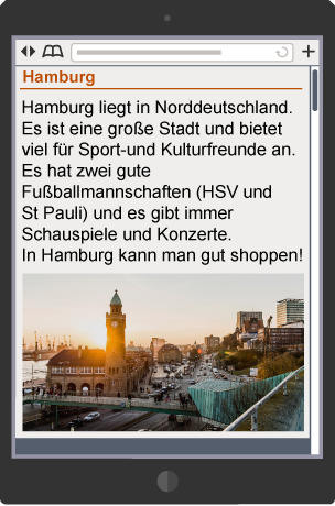 A tablet showing a web page with information about Hamburg