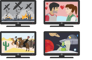 Four television screens each showing a different genre of films, namely war films, romantic films, action films and science fiction films.