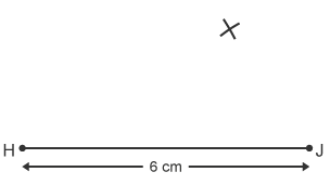 Llinell lorweddol wedi ei labelu 6 cm gydag arc uwchben y llinell, wedi ei llunio o bwynt H, ac arc wedi ei llunio o bwynt J