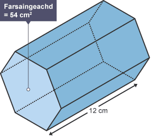 Hexagonal prism with a length of 12cm and a face area of 54cm²