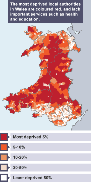 Rural deprivation map of Wales. The most deprived local authorities in Wales are coloured red, and lack important services such as health and education.