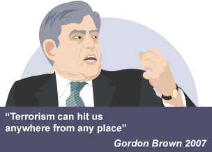 Delwedd o'r cyn-Brif Weinidog Gordon Brown gyda'r dyfyniad: "Terrorism can hit us anywhere from any place." - 2007