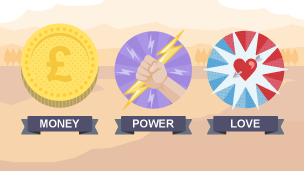 A badge with a pound sign labelled money, a badge with a clenched hand labelled power and a badge with a heart and arrow labelled love.