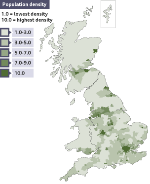 This choropleth map shows the population density of the UK. With the most dense areas being around London and the South-East. Darker shades of green show more densely populated areas.