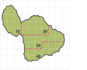 A square grid with an irregular shape drawn on it representing an island. The island is divided into 4 sets of 10 squares