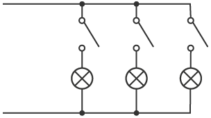 A lighting circuit.  This is open at the left hand side and has three vertical wires.  On each of these is an open switch and a lamp.