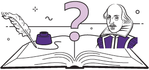 Images of a quill and ink pot, purple question mark and William Shakespeare above an open book.