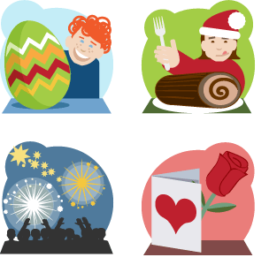 Icons depicting Easter, Christmas, Bonfire night and Valentine's day.