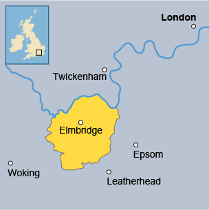 Elmbridge is southwest of London and Twickenham, near the Thames.