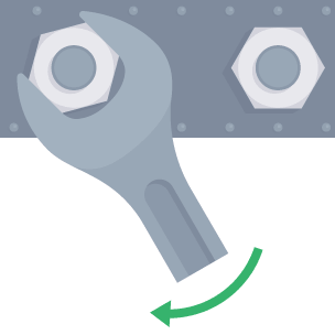 A spanner is turning nut. The curved arrow at bottom of spanner indicates direction of turn.