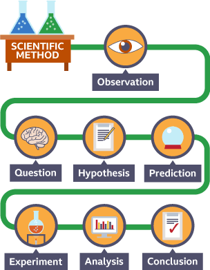 The scientific method: Observation, question, hypothesis, prediction, experiment, analysis conclusion.
