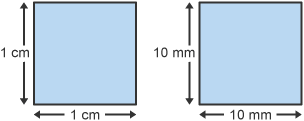 Square 1: 1cm x 1cm Square 2: 10mm x 10mm